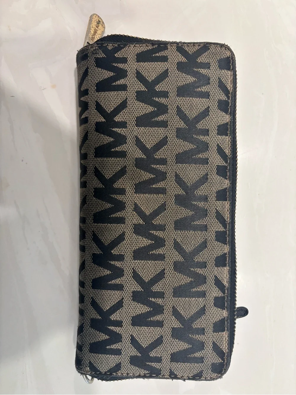 Michael Kors Black and Brown MK Signature Zip Wallet with Gold Plate